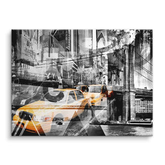 Modernes Wandbild mit gelben New Yorker Taxis, Brücke und Stadtszene im Kunststil