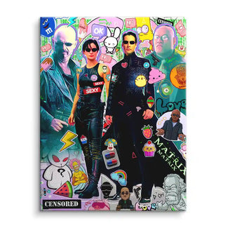 Buntes Matrix Comic Wandbild mit Pop Art Figuren, Stickern, Motiven auf Leinwand