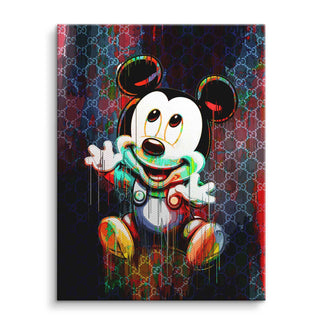 Modernes Leinwandbild mit Comic-Motiv Baby Micky Maus und buntem Muster-Hintergrund