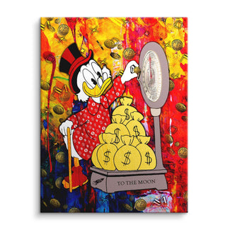 Comic-Wandbild mit Ente im roten Anzug, Geldsäcken und Bitmünzen auf bunter Leinwand