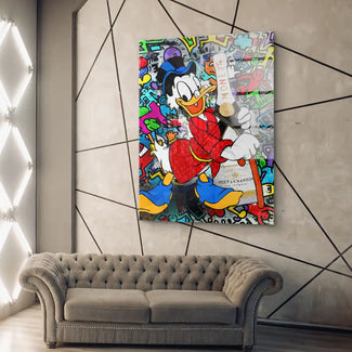 Modernes Wandbild im Wohnzimmer, bunte Pop Art Comic-Kunst mit reichem Enterich vor Graffiti.