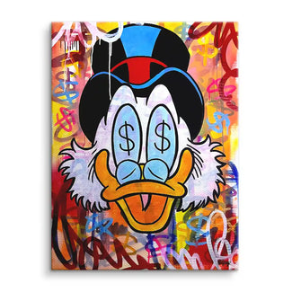 Buntes Pop Art Wandbild mit Comic-Ente, Dollarzeichen in den Augen, Graffiti-Hintergrund