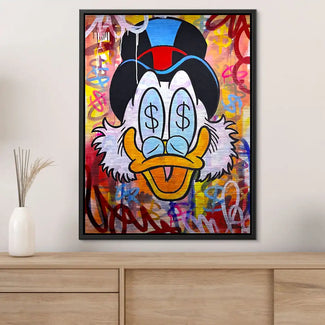 Pop Art Wandbild mit bunter Comic-Ente, Dollarzeichen-Augen, Graffiti-Hintergrund, Wohnzimmerdeko