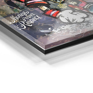 Detail eines Acrylglas-Wandbilds mit Comic-Kunst, Schriftzug Money Power Respect, moderner Stil