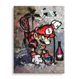 Streetart Wandbild mit Comicfigur im roten Outfit, Dollarzeichen, Geldscheinen und Champagnerflasche