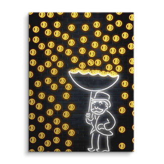 Pop Art Wandbild: Comicfigur mit Schirm im Bitcoin-Regen auf schwarzer Ziegelwand