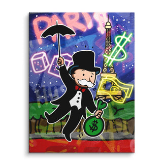 Pop Art Wandbild mit Comicfigur im Frack vor Eiffelturm, Geldsymbolen und Paris-Schriftzug