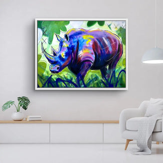 Modernes Wandbild mit buntem Nashorn im künstlerischen Stil, Wohnzimmer-Deko