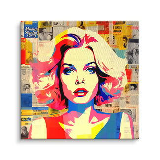 Pop Art Wandbild einer Frau im Zeitungsstil mit bunten Farben auf Leinwand