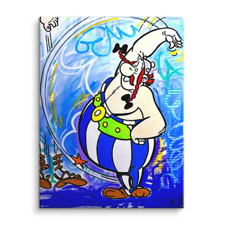 Comic-Wandbild mit Obelix vor blauem, künstlerischem Hintergrund im Pop Art Stil