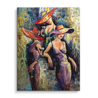 Ölgemälde mit drei Frauen in eleganten Kleidern und Hüten, buntes Wandbild Kunst