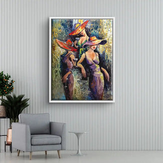 Ölgemälde Wandbild mit drei elegant gekleideten Frauen mit Hüten, modernes Kunstwerk