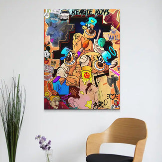 Modernes Wandbild mit Panzerknacker im Comic-Stil, bunte Pop Art Graffiti Elemente