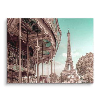 Wandbild mit Eiffelturm und Karussell in Paris, pastellfarbene Stadtansicht, Leinwandkunst