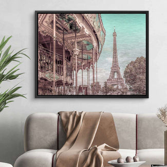 Wandbild mit Karussell und Eiffelturm in Paris, moderne Kunst für Wohnzimmer