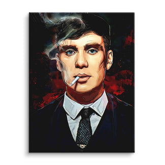 Modernes Wandbild im Pop-Art-Stil, porträtiert eleganten Mann mit Zigarette und Anzug.