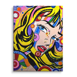 Pop Art Wandbild mit bunter Comic-Frau, leuchtende Farben und grafische Muster auf Leinwand