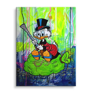 Buntes Wandbild mit Comic-Ente auf grünem Geldsack, moderner Pop Art Stil, leuchtende Farben