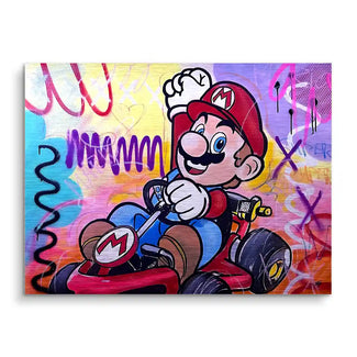 Buntes Wandbild mit Comic-Figur im Go-Kart, Pop Art Stil, Graffiti Hintergrund.