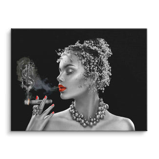 Wandbild Pop Art Frau mit roten Lippen raucht Zigarre, Schmuck, schwarzer Hintergrund