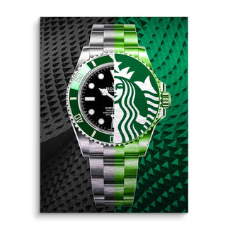 Modernes Wandbild mit halbierter Luxusuhr und grünem Logo-Motiv auf strukturiertem Hintergrund