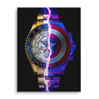 Wandbild mit Rolex-Uhr und Avengers-Motiv, geteilt von lila Blitz, Pop Art Design