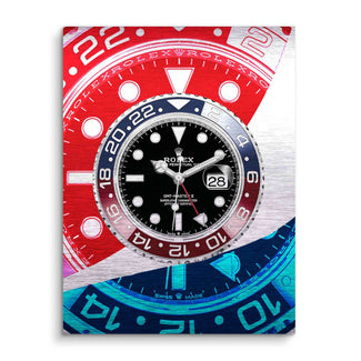 Modernes Wandbild mit stilisiertem Zifferblatt einer Luxusuhr in Rot, Blau und Silber.