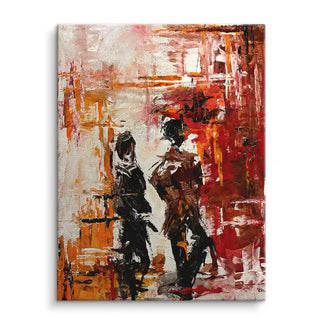 Abstraktes Leinwandbild mit zwei Personen in Rot- und Brauntönen, moderne Wandkunst