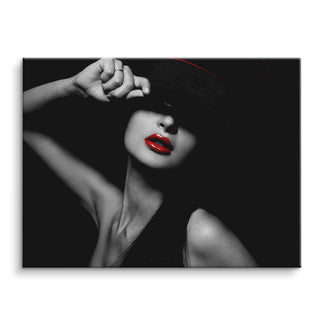 Schwarz-weiß Wandbild Frau mit Hut und roten Lippen, modernes Fashion Kunstbild auf Leinwand