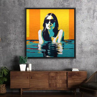 Modernes Wandbild mit Frau im Pool, Sonnenbrille, bunte Pop Art, Wohnzimmer-Dekor