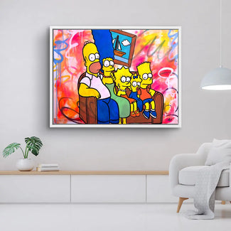 Modernes Wandbild mit Simpsons Familie auf Sofa, bunte Pop Art im Wohnraum