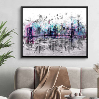 Modernes Wandbild mit bunter New York Skyline im Wohnzimmer, abstrakte Kunst auf Leinwand.