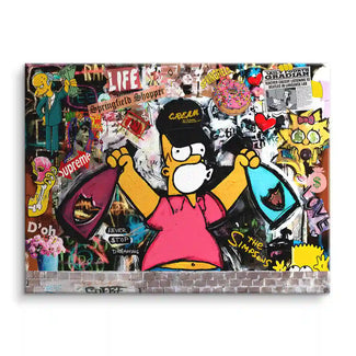 Pop Art Wandbild mit Comicfigur vor bunter Graffiti-Wand, Collage-Stil, Street Art