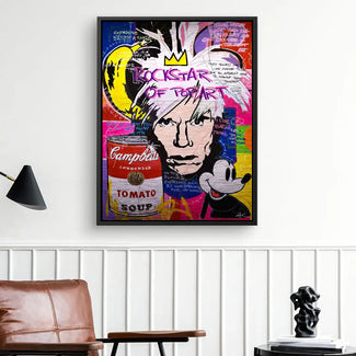 Modernes Pop Art Wandbild mit Porträt, Campbell's Suppe und Comicfigur in Wohnzimmer