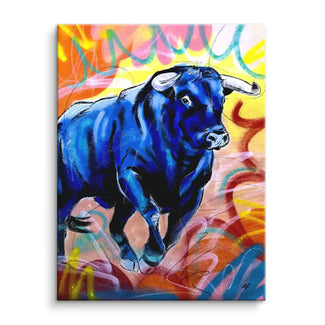 Modernes Wandbild mit blauem Stier vor buntem Graffiti-Hintergrund, Kunst auf Leinwand