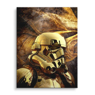 Goldenes Stormtrooper Wandbild auf braun-goldenem Hintergrund, moderne Pop Art Kunst