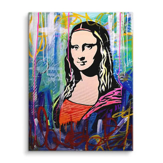 Street Art Wandbild mit abstrakter Mona Lisa auf bunter Graffiti-Leinwand