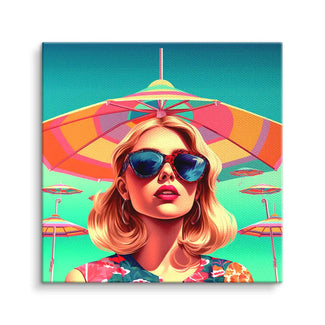 Pop Art Wandbild mit Frau in Sonnenbrille unter buntem Sonnenschirm im Sommerstil