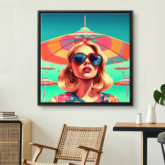 Wandbild Pop Art Frau mit Sonnenbrille vor buntem Sonnenschirm, modernes Sommermotiv