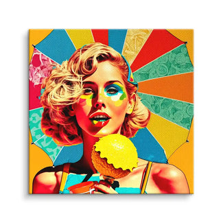 Pop Art Wandbild Frau mit buntem Sonnenschirm und Eis, farbenfrohe Kunst auf Leinwand