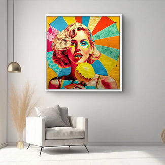 Buntes Pop Art Wandbild mit Frau, Sonnenschirm und Eis, modernes Wohnzimmer-Dekor