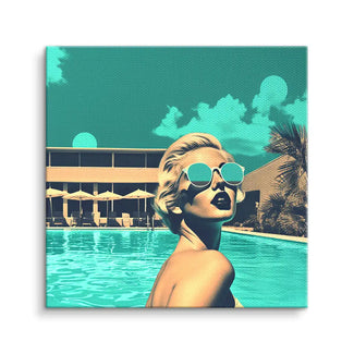 Pop Art Wandbild Frau mit Sonnenbrille am Swimmingpool, Retro Stil, türkis-gelb Farbpalette