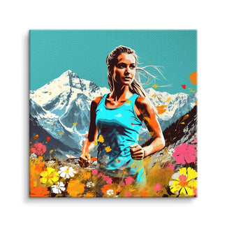 Wandbild mit sportlicher Frau beim Joggen in Schweizer Alpen, bunte Blumenwiese im Vordergrund