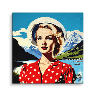Retro Pop Art Wandbild mit Frau in rotem Kleid vor Schweizer Alpen und See
