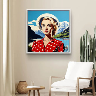 Wandbild mit stilisierter Frau vor Alpenpanorama und See im modernen Wohnzimmer