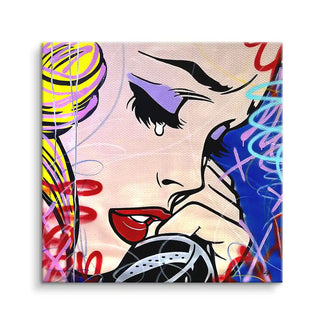 Pop Art Wandbild mit weinender Frau am Telefon, bunte Graffiti-Elemente, moderne Kunst