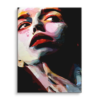 Modernes Wandbild einer nachdenklichen Frau in bunten Farbtönen auf Leinwand, Kunstmotiv