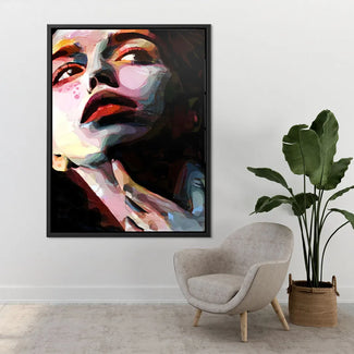 Modernes, farbenfrohes Wandbild mit abstraktem Frauenporträt im Wohnzimmer, Kunst auf Leinwand