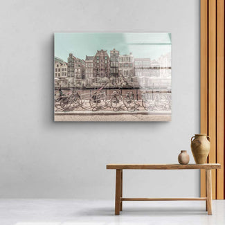 Wandbild mit Vintage-Amsterdam-Motiv, Grachtenhäuser und Fahrräder, moderne Wohnzimmerdeko