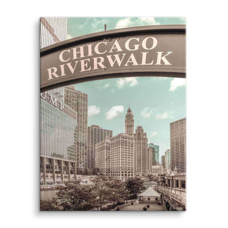 Vintage Wandbild Chicago Riverwalk Skyline mit Hochhäusern und Fluss, Fotokunst Leinwand